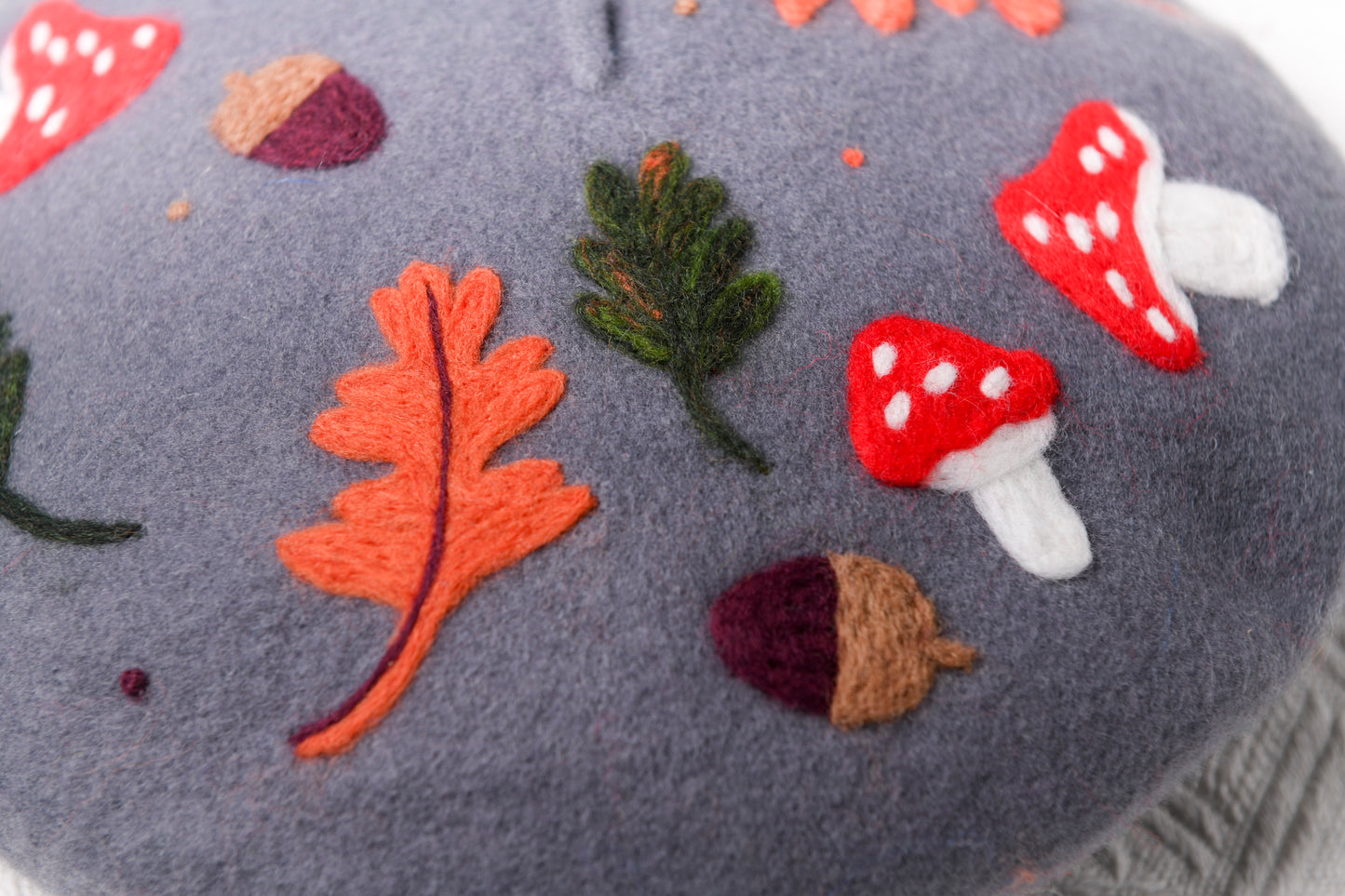 Autumnal Harvest Hand Felted Wool Beret - Mushroom Oak Leaf Forest White Navy Winter Hat