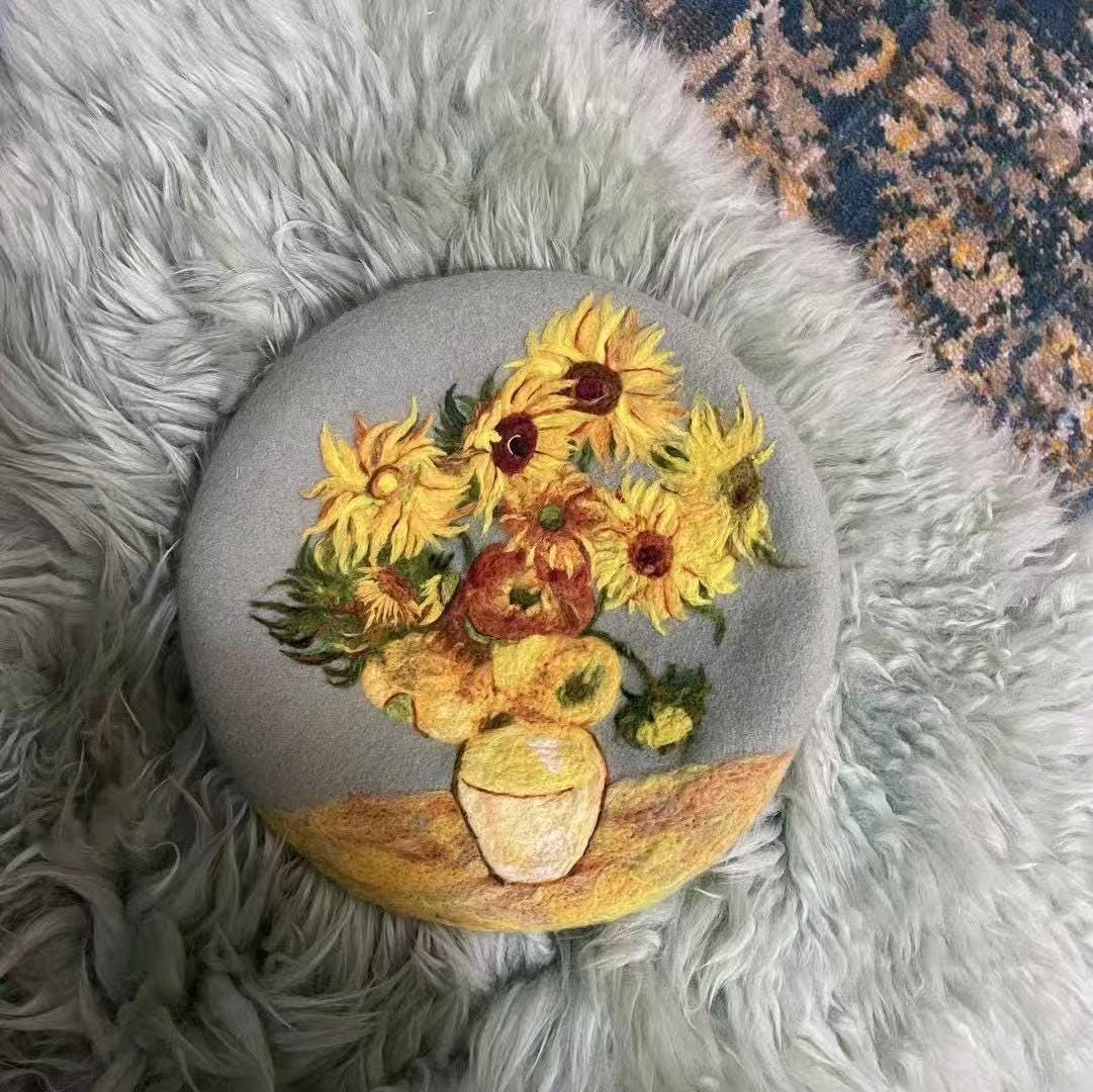 Van Gogh Sunflowers - Hand Felted Wool Beret
