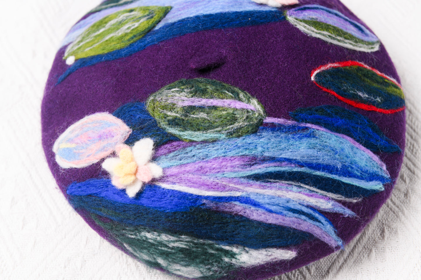 Monet Purple Water Lilies - Hand Felted Wool Beret