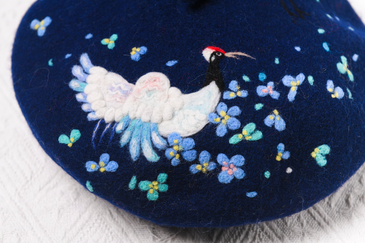 Flying Crane Beret - Hand Felted Nature Inspired Artisan Headwear