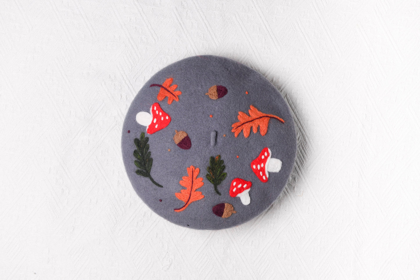 Autumnal Harvest Hand Felted Wool Beret - Mushroom Oak Leaf Forest White Navy Winter Hat
