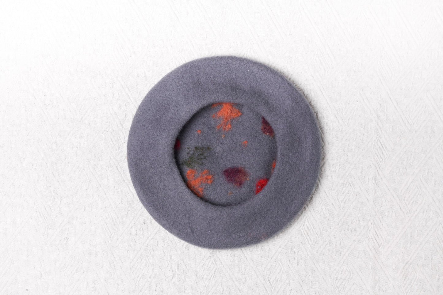 Autumnal Harvest Hand Felted Wool Beret - Mushroom Oak Leaf Forest White Navy Winter Hat