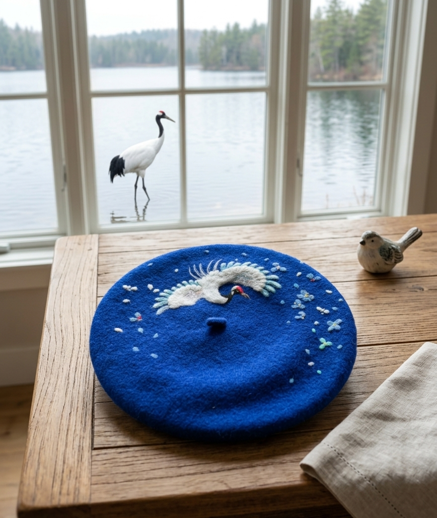 Flying Crane Beret - Hand Felted Nature Inspired Artisan Headwear