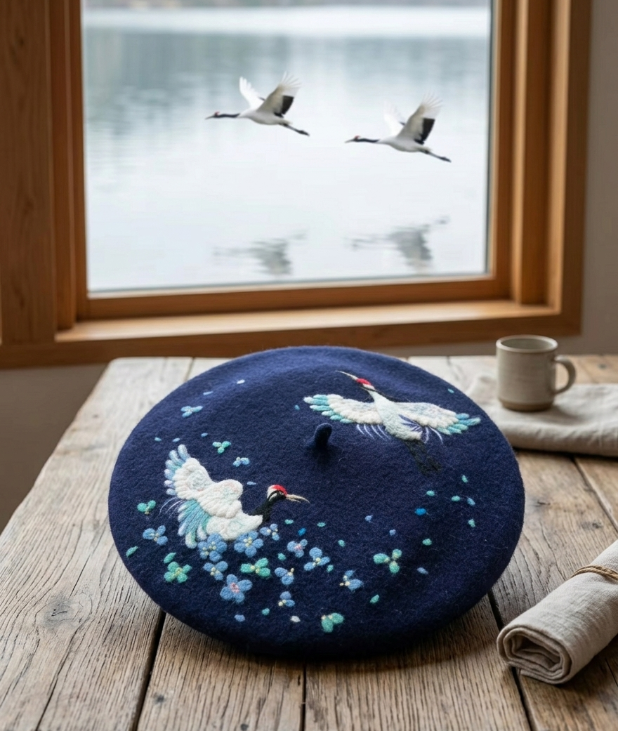 Flying Crane Beret - Hand Felted Nature Inspired Artisan Headwear