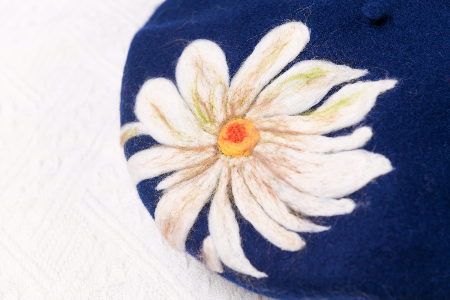 Navy Blue Daisy Wool Beret - Hand Felted Floral French Hat Botanical Accessory