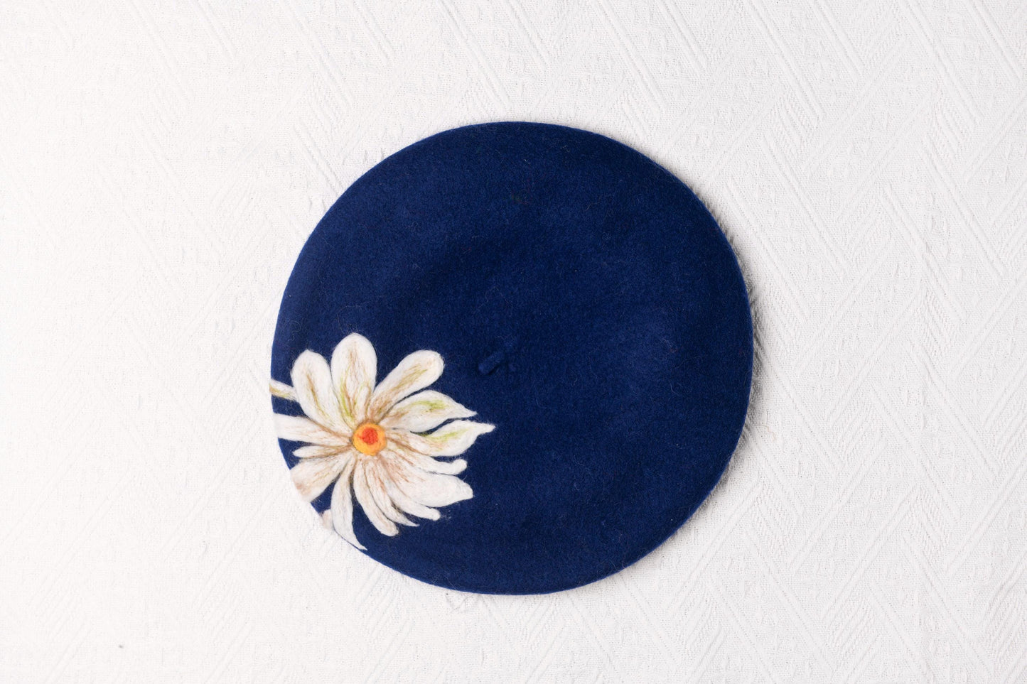 Navy Blue Daisy Wool Beret - Hand Felted Floral French Hat Botanical Accessory