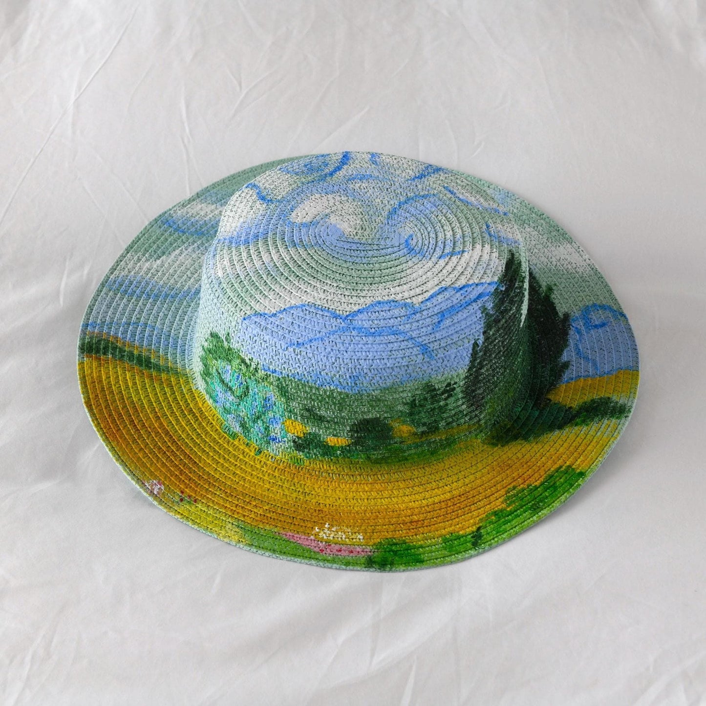Van Gogh Wheat Field Cypresses - Hand Painted Straw Sun Hat
