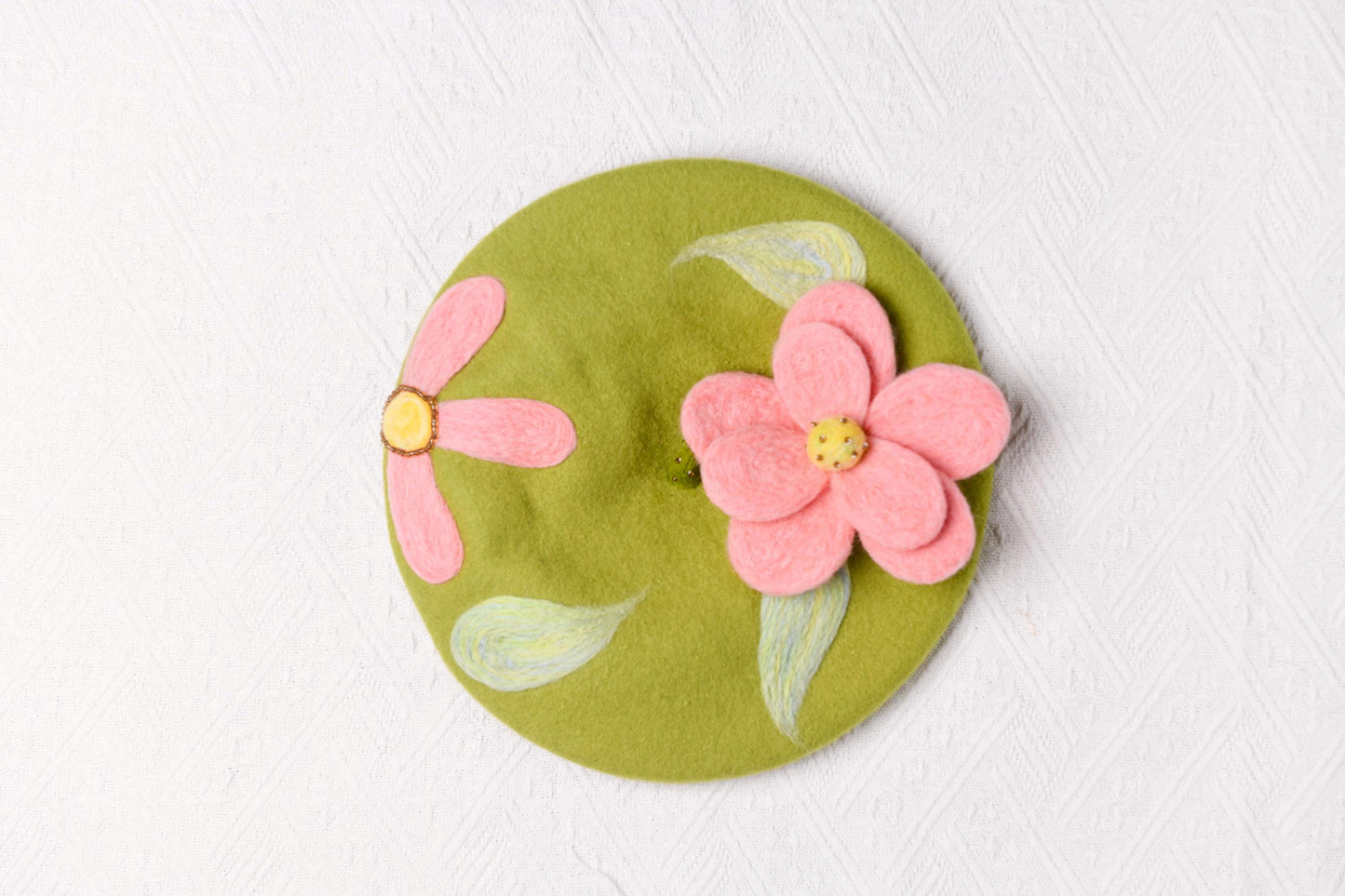 Pink Blossom Green Beret - Hand Felted Floral French Hat