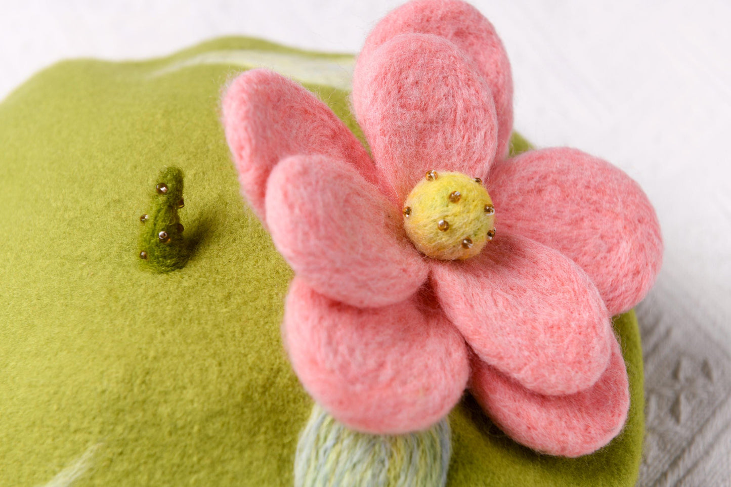 Pink Blossom Green Beret - Hand Felted Floral French Hat