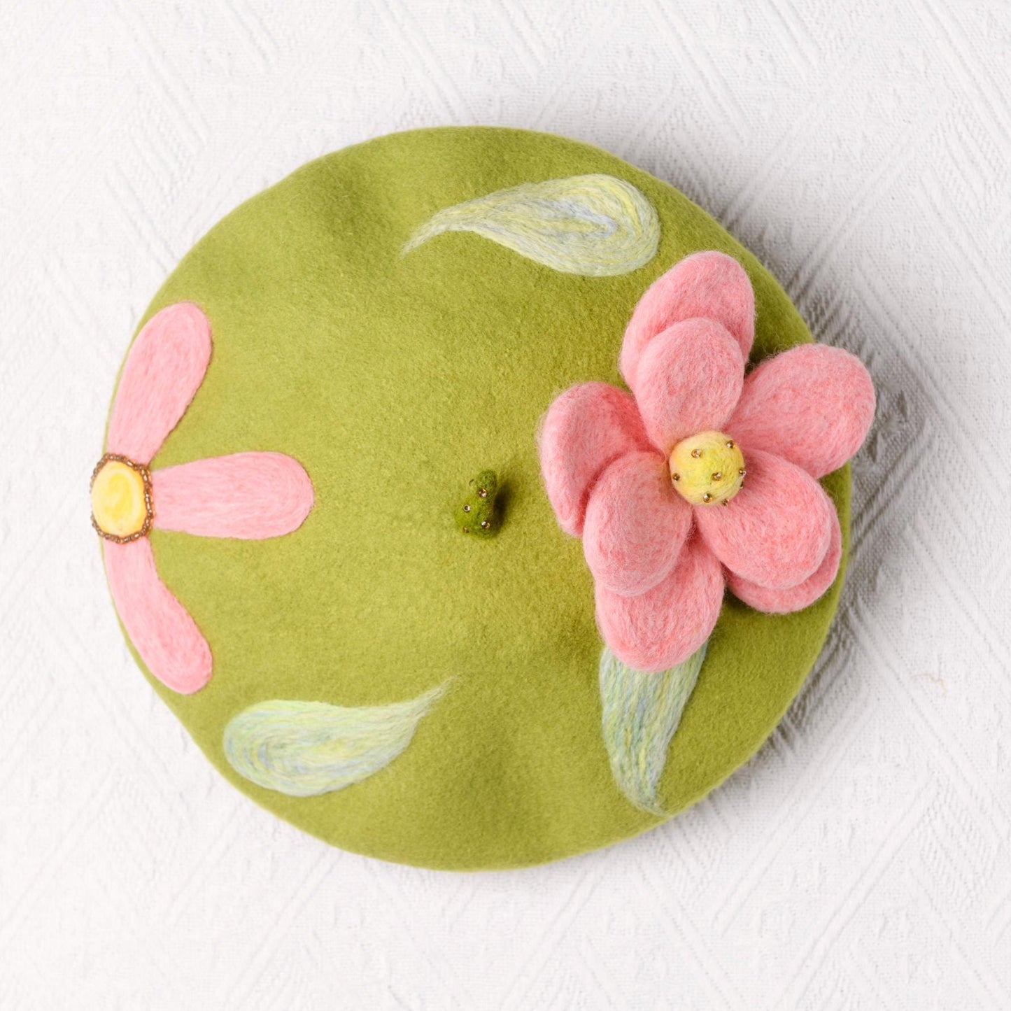 Pink Blossom Green Beret - Hand Felted Floral French Hat