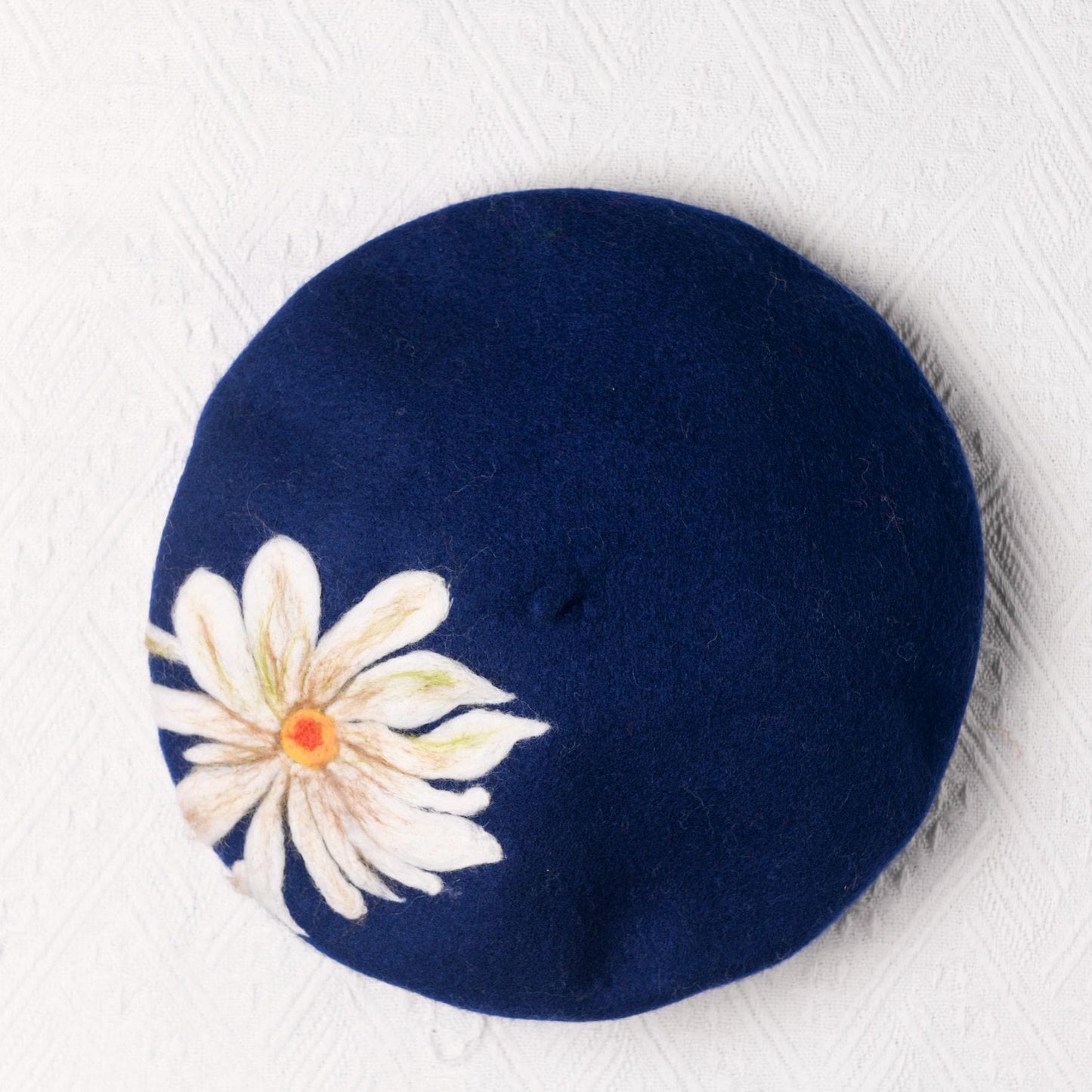 Navy Blue Daisy Wool Beret - Hand Felted Floral French Hat Botanical Accessory
