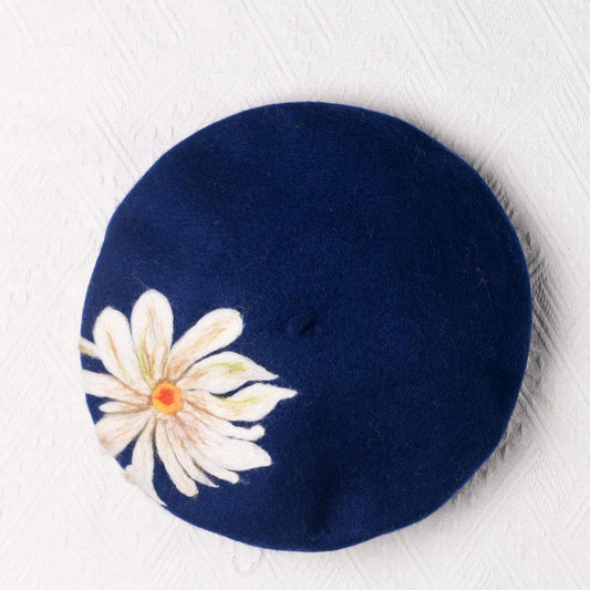 Navy Blue Daisy Wool Beret - Hand Felted Floral French Hat Botanical Accessory