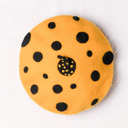 Yellow Pumpkin Black Polka Dot - Hand Felted Wool Beret Hat