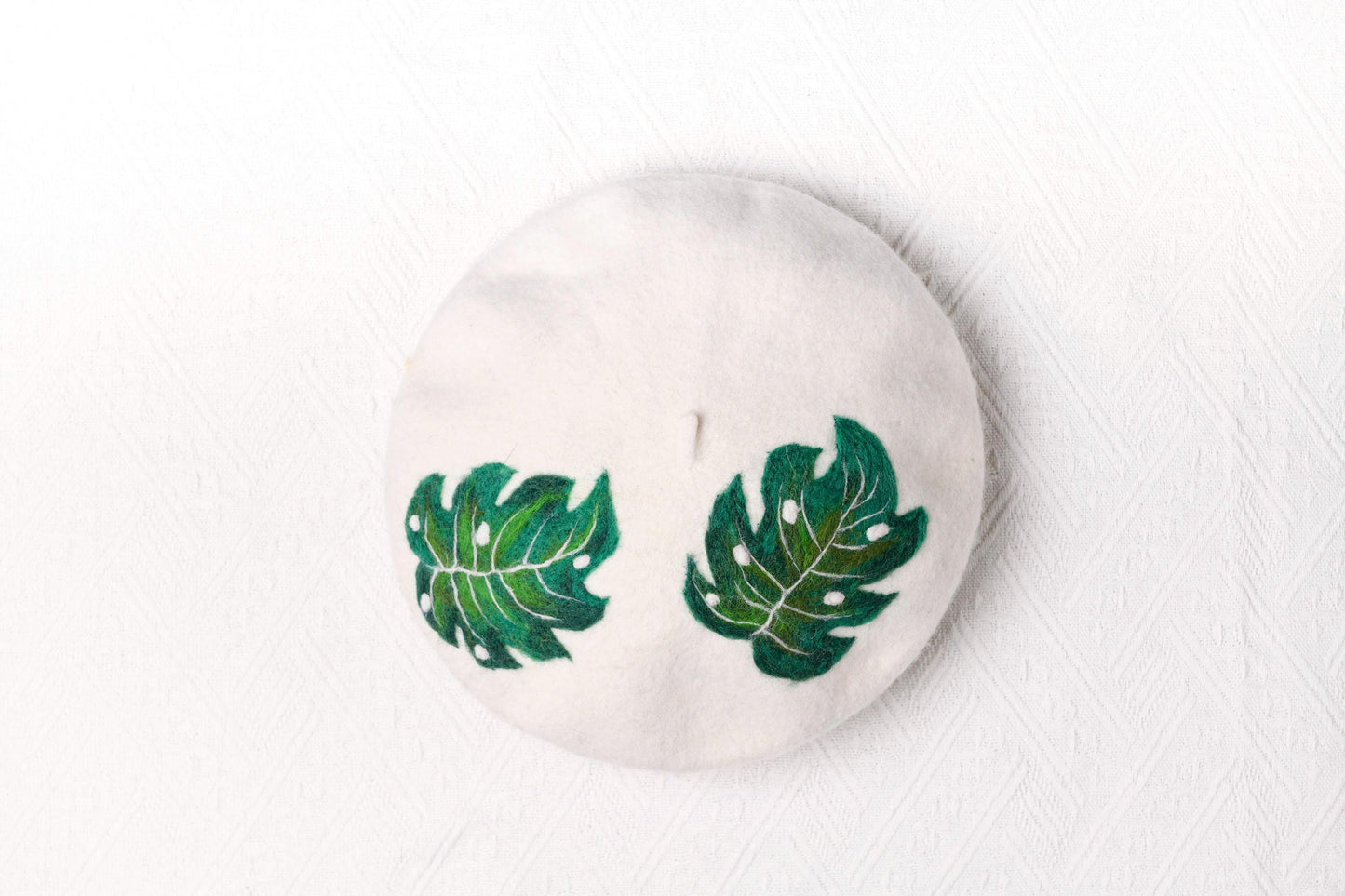 Swiss Cheese Plant Monstera Wool Beret - Hand Felted Tropical Leaf French Hat