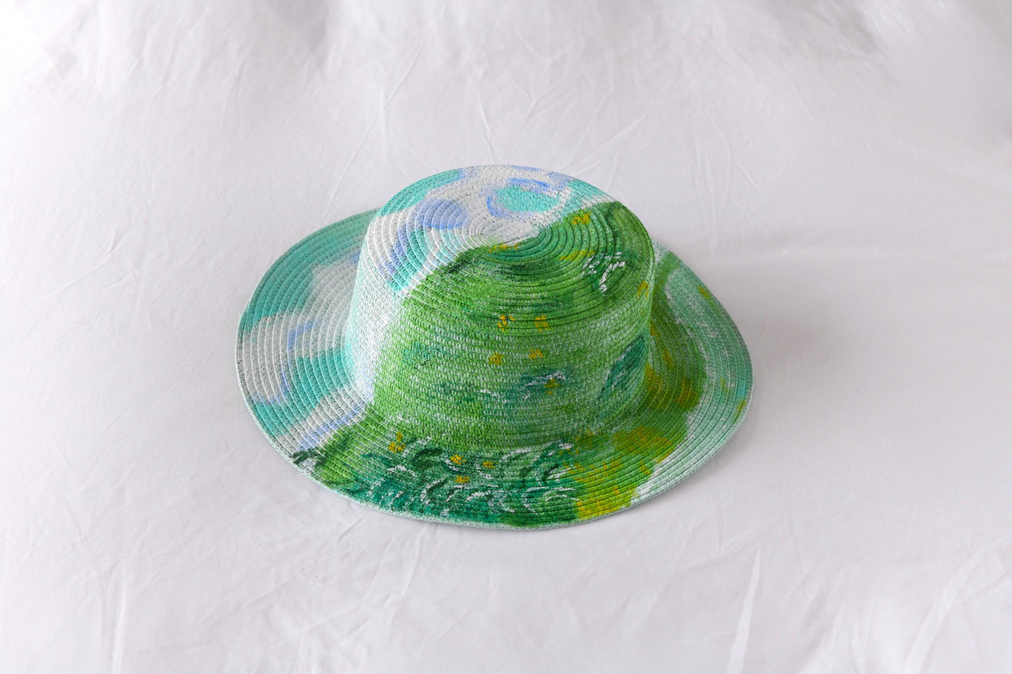 Van Gogh Green Wheat Field Sun Hat – Hand-Painted Straw Impressionist Art