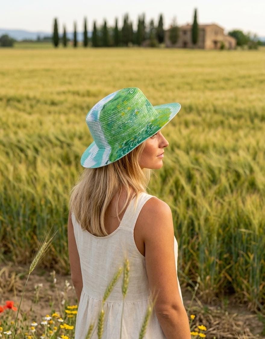 Van Gogh Green Wheat Field Sun Hat – Hand-Painted Straw Impressionist Art