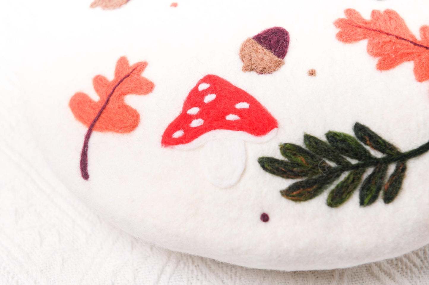 Autumnal Harvest Hand Felted Wool Beret - Mushroom Oak Leaf Forest White Navy Winter Hat