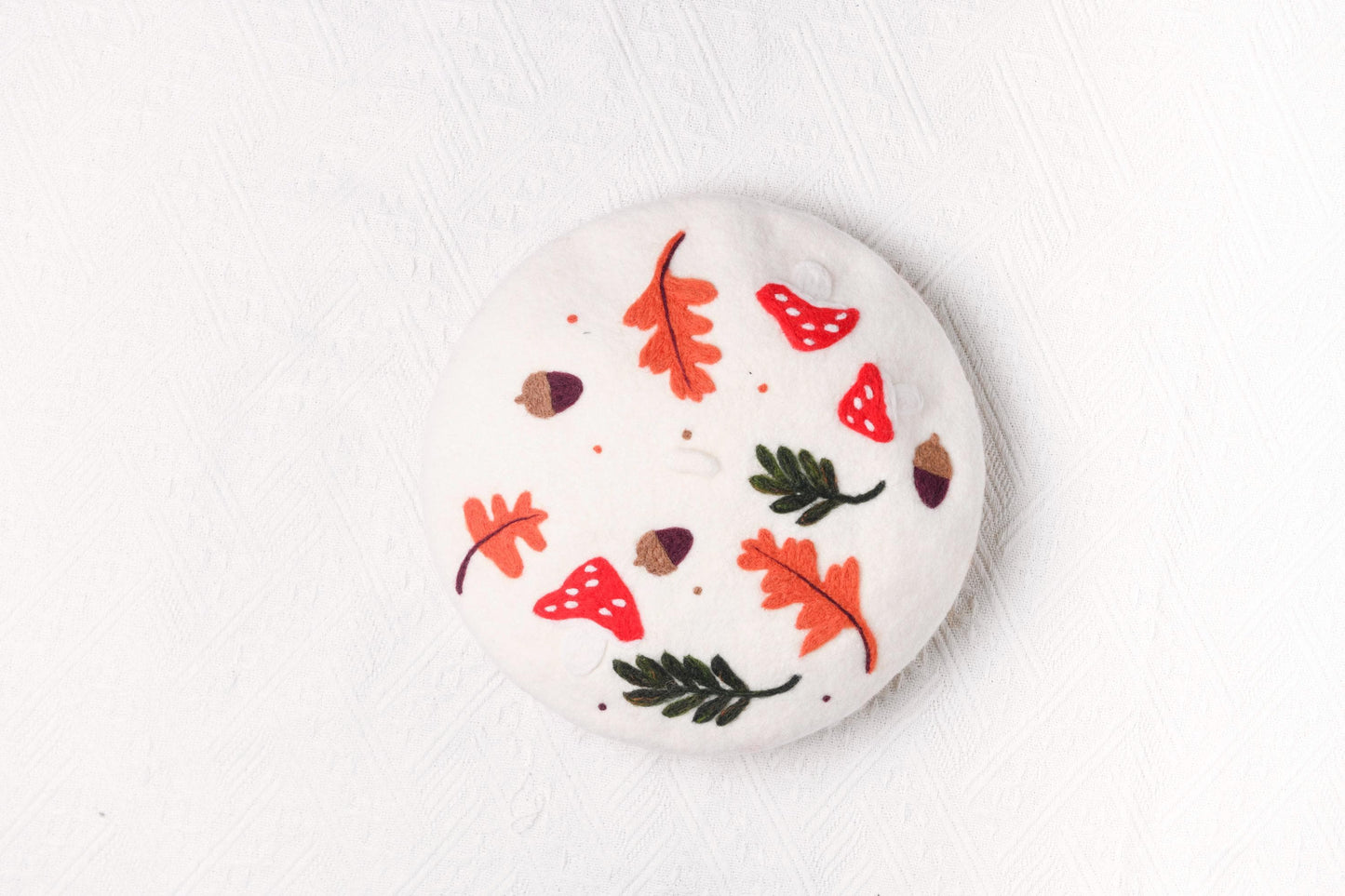 Autumnal Harvest Hand Felted Wool Beret - Mushroom Oak Leaf Forest White Navy Winter Hat
