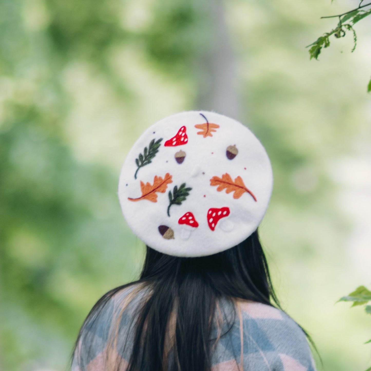 Autumnal Harvest Hand Felted Wool Beret - Mushroom Oak Leaf Forest White Navy Winter Hat