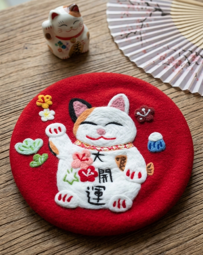 Maneki Neko Lucky Cat - Hand Felted Wool Beret