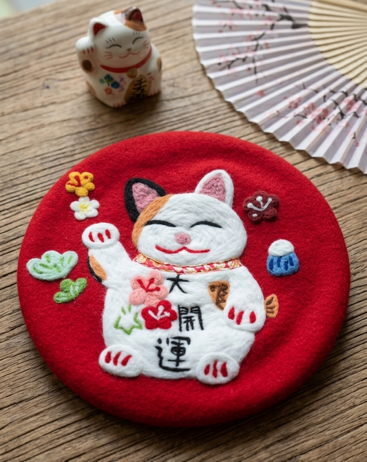 Maneki Neko Lucky Cat - Hand Felted Wool Beret