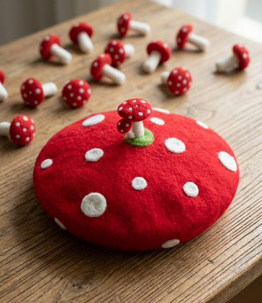 Red Mushroom Beret - Hand Felted Wool Hat