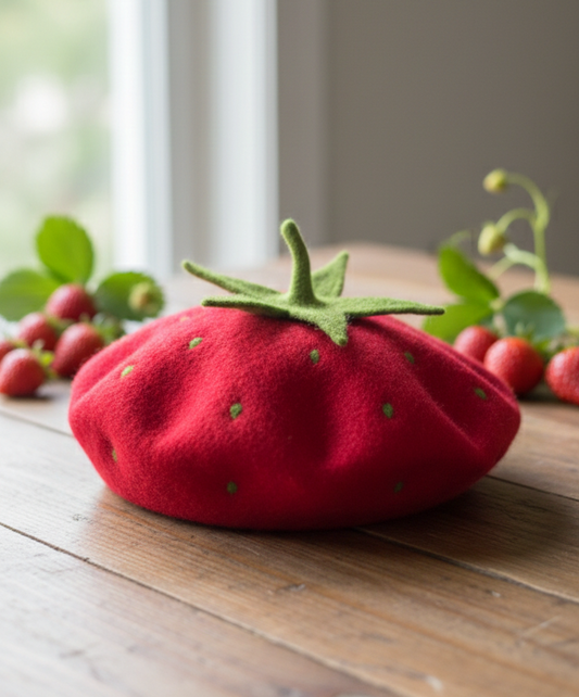 Red Strawberry Beret - Fruit Inspired Artisan Headwear