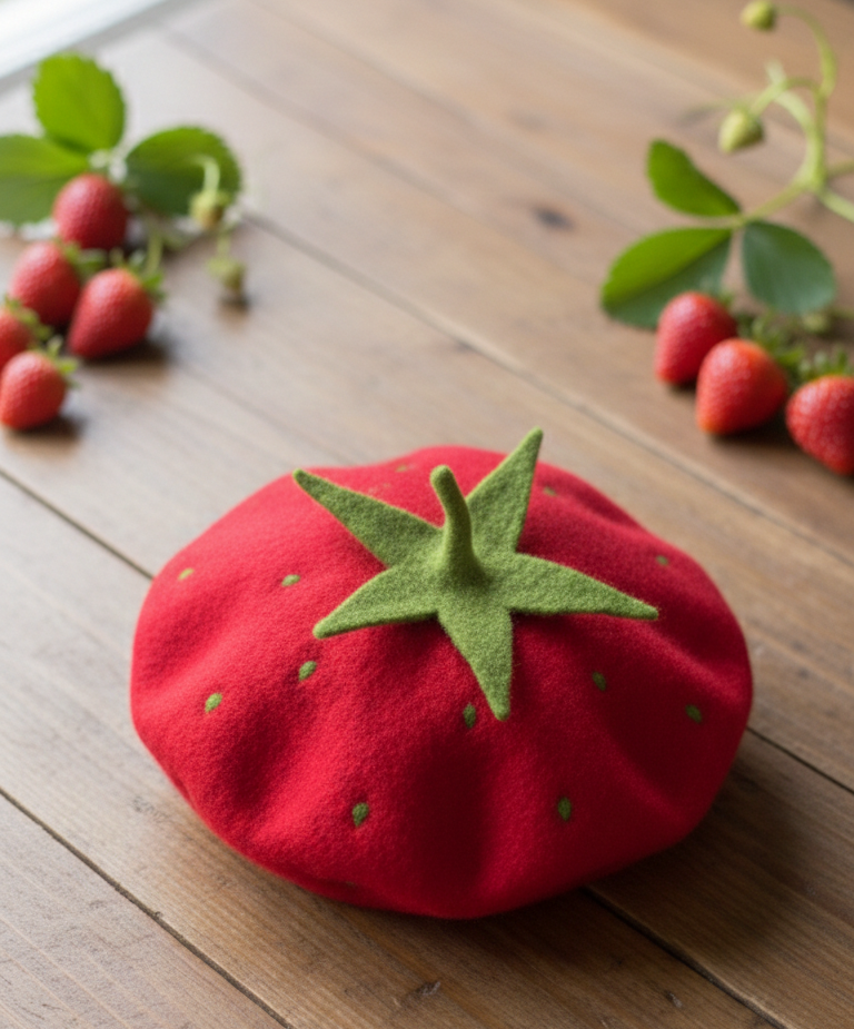 Red Strawberry Beret - Fruit Inspired Artisan Headwear